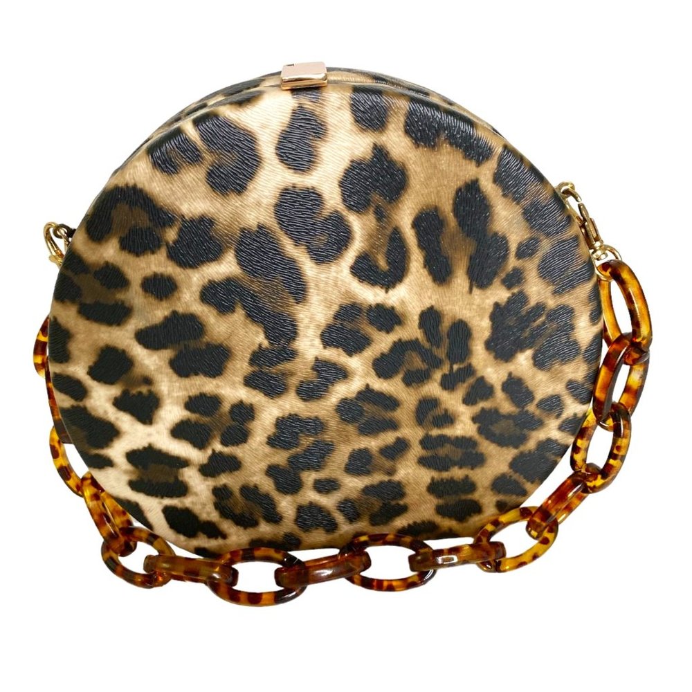 Leopard NWOT Print Round Clutch with Tortoise Chain Handle Cocktail Mobwife